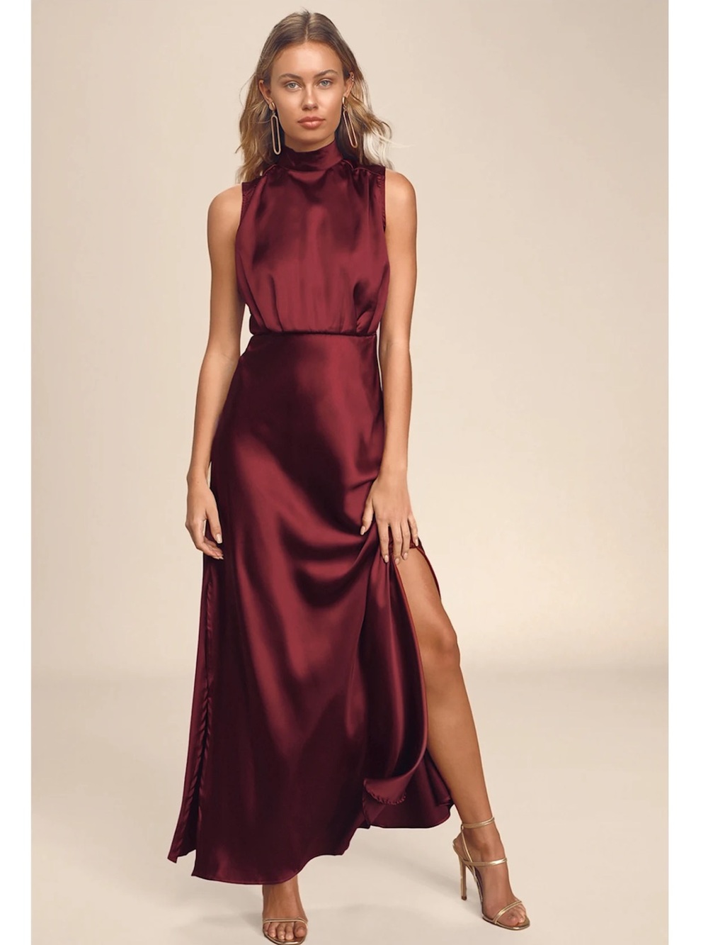 Lulus Classic Elegance Wine Satin Mock Neck Maxi Dress Event Formal NWT XXS